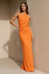 Halter Ruched Backless Maxi Dress in Orange