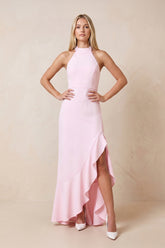 Halter Ruffled Sheath Maxi Dress with Slit in Pink