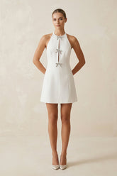 Halter Satin A-Line Mini Wedding Dress with Bow in White