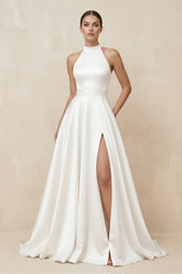 Halter Satin A-Line Wedding Dress With Slit in White