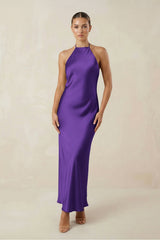 Halter Satin Sheath Midi Bridesmaid Dress in Amethyst