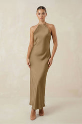 Halter Satin Sheath Midi Bridesmaid Dress in Apple Cinnamon