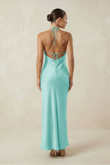 Halter Satin Sheath Midi Bridesmaid Dress in Aqua