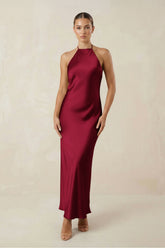 Halter Satin Sheath Midi Bridesmaid Dress in Berry