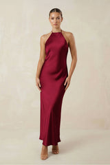 Halter Satin Sheath Midi Bridesmaid Dress in Berry