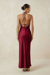 Halter Satin Sheath Midi Bridesmaid Dress in Berry