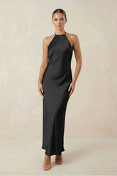 Halter Satin Sheath Midi Bridesmaid Dress in Black