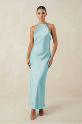 Halter Satin Sheath Midi Bridesmaid Dress in Bleached Aqua