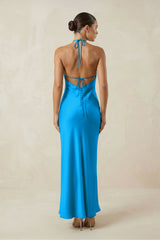 Halter Satin Sheath Midi Bridesmaid Dress in Blue Jay