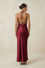 Halter Satin Sheath Midi Bridesmaid Dress in Burgundy