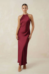 Halter Satin Sheath Midi Bridesmaid Dress in Burgundy
