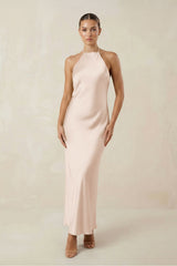 Halter Satin Sheath Midi Bridesmaid Dress in Buttercream