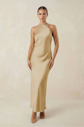 Halter Satin Sheath Midi Bridesmaid Dress in Champagne