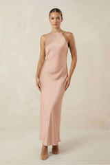Halter Satin Sheath Midi Bridesmaid Dress in Champagne Rose