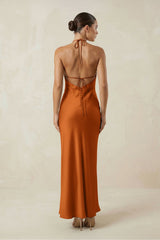 Halter Satin Sheath Midi Bridesmaid Dress in Cinnamon