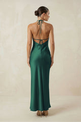 Halter Satin Sheath Midi Bridesmaid Dress in Dark Green