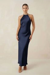 Halter Satin Sheath Midi Bridesmaid Dress in Dark Navy