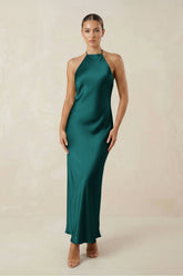 Halter Satin Sheath Midi Bridesmaid Dress in Emerald