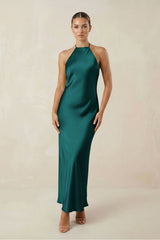 Halter Satin Sheath Midi Bridesmaid Dress in Emerald