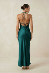 Halter Satin Sheath Midi Bridesmaid Dress in Emerald