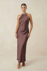 Halter Satin Sheath Midi Bridesmaid Dress in Espresso