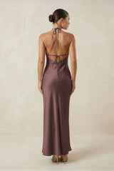 Halter Satin Sheath Midi Bridesmaid Dress in Espresso