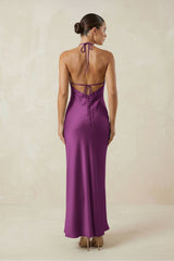 Halter Satin Sheath Midi Bridesmaid Dress in Fig