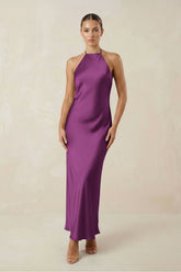 Halter Satin Sheath Midi Bridesmaid Dress in Fig