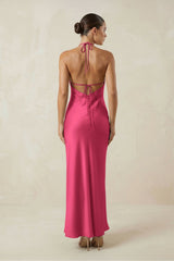 Halter Satin Sheath Midi Bridesmaid Dress in Fuchsia