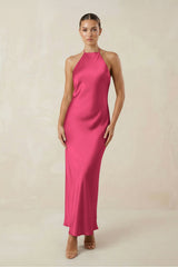 Halter Satin Sheath Midi Bridesmaid Dress in Fuchsia