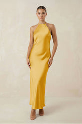Halter Satin Sheath Midi Bridesmaid Dress in Gold