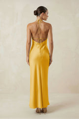 Halter Satin Sheath Midi Bridesmaid Dress in Gold