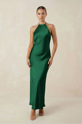 Halter Satin Sheath Midi Bridesmaid Dress in Green