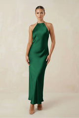 Halter Satin Sheath Midi Bridesmaid Dress in Green
