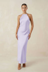 Halter Satin Sheath Midi Bridesmaid Dress in Lavender