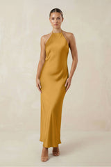 Halter Satin Sheath Midi Bridesmaid Dress in Marigold