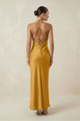 Halter Satin Sheath Midi Bridesmaid Dress in Marigold