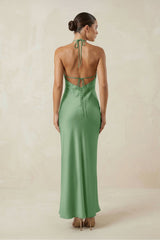 Halter Satin Sheath Midi Bridesmaid Dress in Matcha