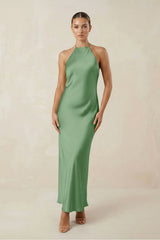 Halter Satin Sheath Midi Bridesmaid Dress in Matcha