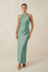 Halter Satin Sheath Midi Bridesmaid Dress in Mint Green