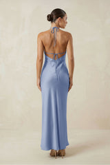Halter Satin Sheath Midi Bridesmaid Dress in Mist