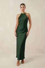 Halter Satin Sheath Midi Bridesmaid Dress in Moss