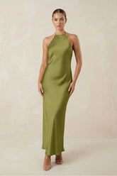 Halter Satin Sheath Midi Bridesmaid Dress in Moss Green