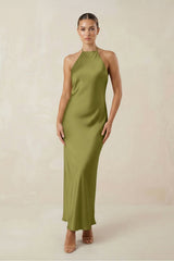 Halter Satin Sheath Midi Bridesmaid Dress in Moss Green