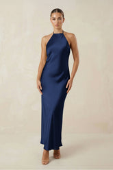 Halter Satin Sheath Midi Bridesmaid Dress in Navy