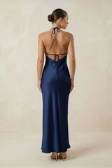Halter Satin Sheath Midi Bridesmaid Dress in Navy