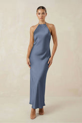 Halter Satin Sheath Midi Bridesmaid Dress in Neptune