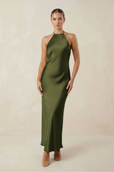 Halter Satin Sheath Midi Bridesmaid Dress in Olive