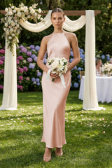 Halter Satin Sheath Midi Bridesmaid Dress in Pale Blush