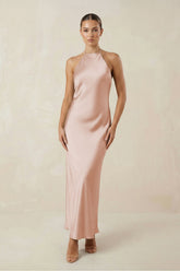 Halter Satin Sheath Midi Bridesmaid Dress in Pale Blush
